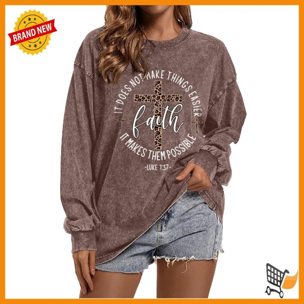 Christian Long Sleeve T-Shirt Vintage Cross Print Cotton Religious Tee